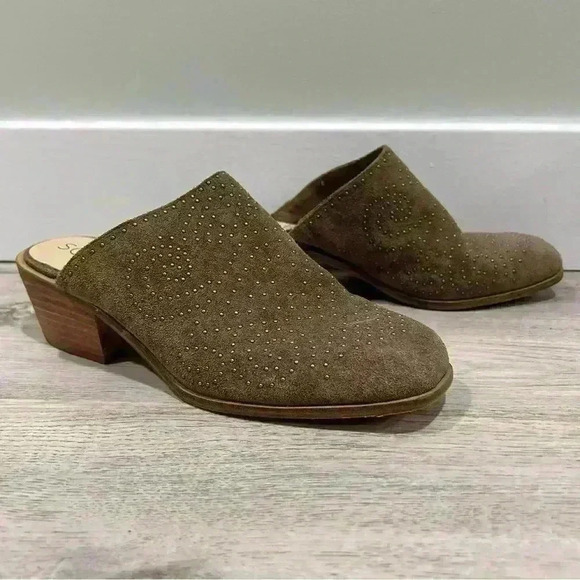Sole Society Olive Brown Leather Suede Studded Slip On Heels Mules Size 8.5 - Picture 10 of 10